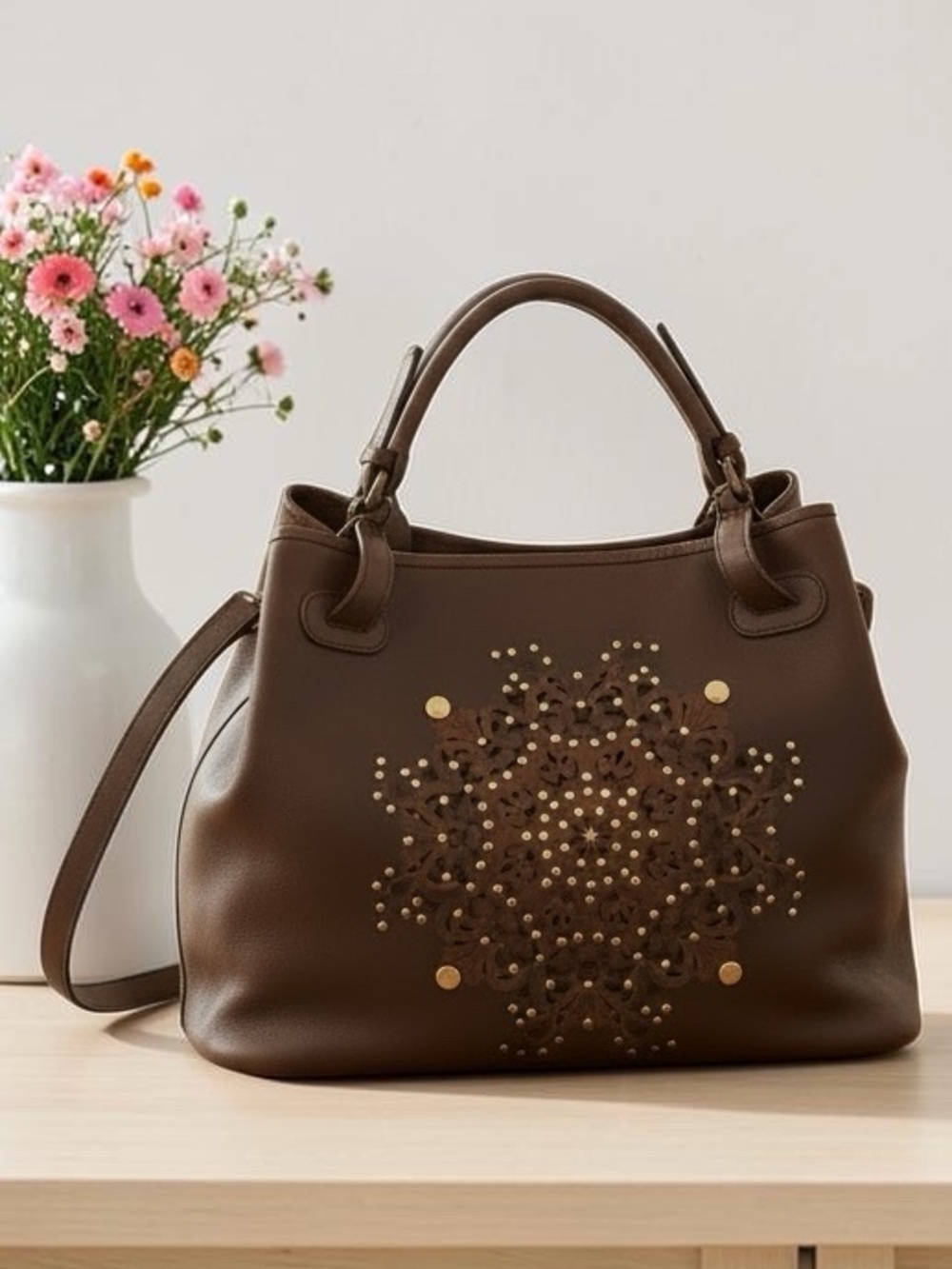 Platania Brown Italian Leather Large Satchel Slouchy Bag Stud Details NEW